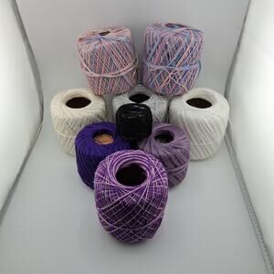 Lot of 9 Mercerized Cotton Crochet Thread Mixed Lot Purple White Thin Yarn Lot